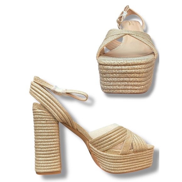 NIB GLAZE Women Sz 9 Gold Glitter Dream Strappy Platform Block Heel Sandals - Picture 10 of 15